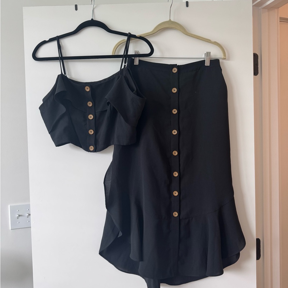 Lulus black button down two piece skirt set
